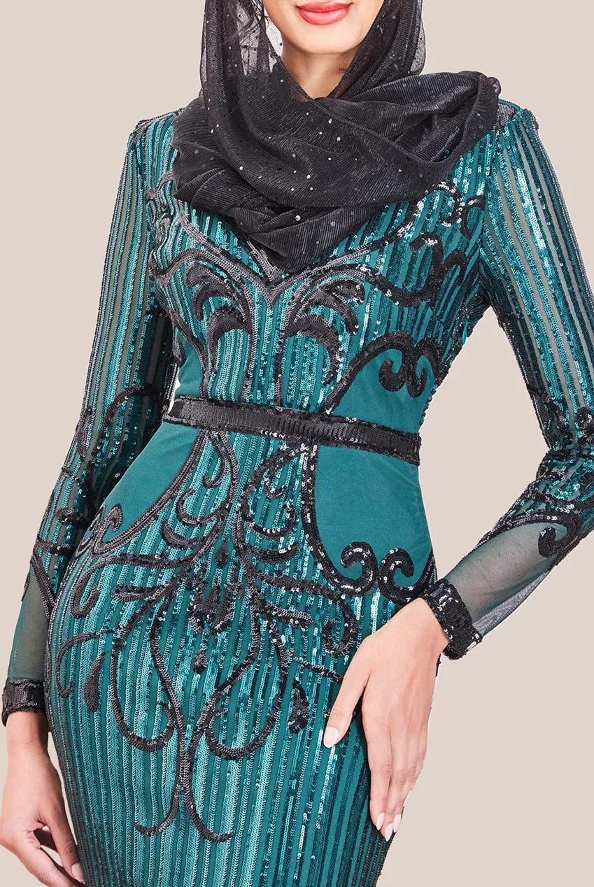 Goddiva Modesty Sequin & Mesh Maxi Dress - Emerald