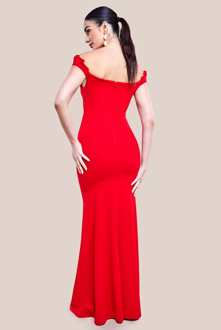 Goddiva Off The Shoulder Frill Gathered Maxi Dress - Red