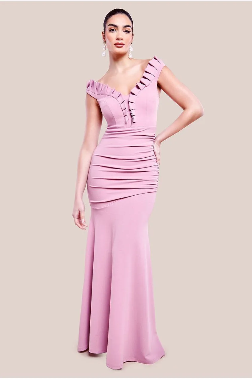 Goddiva Off The Shoulder Frill Gathered Maxi Dress - Rose Pink