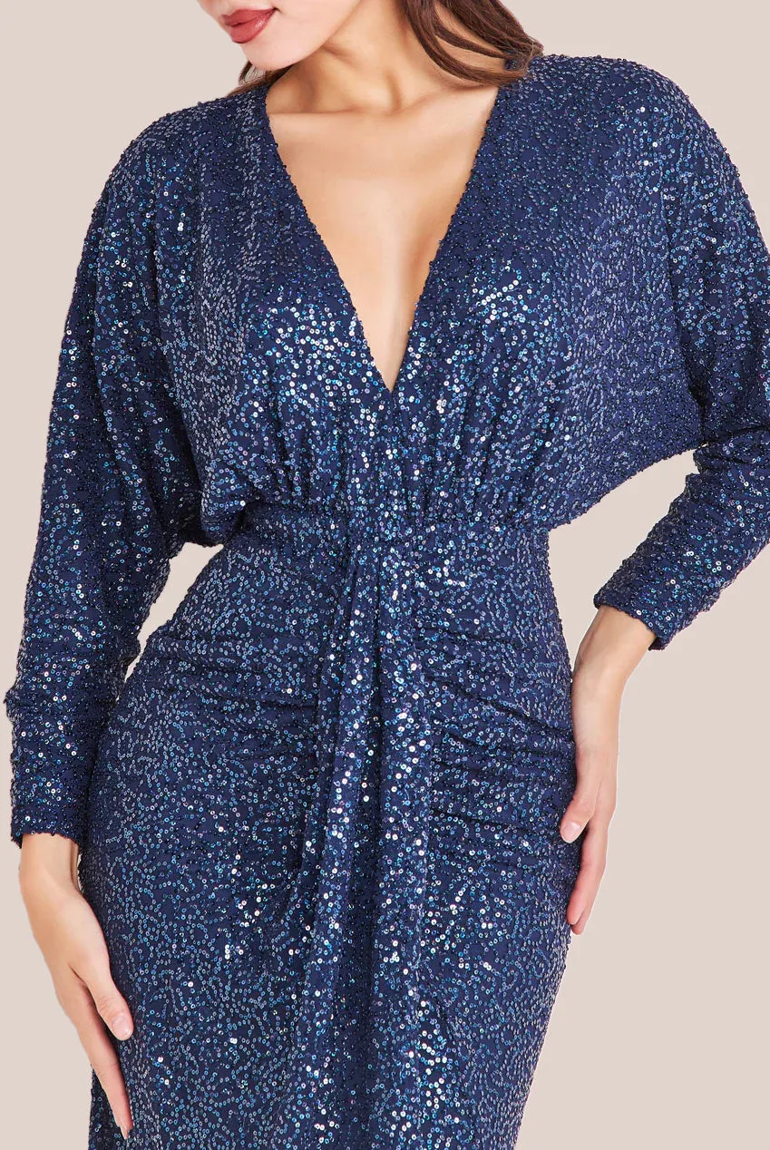 Goddiva Plunge V-Neck Sequin Maxi - Navy