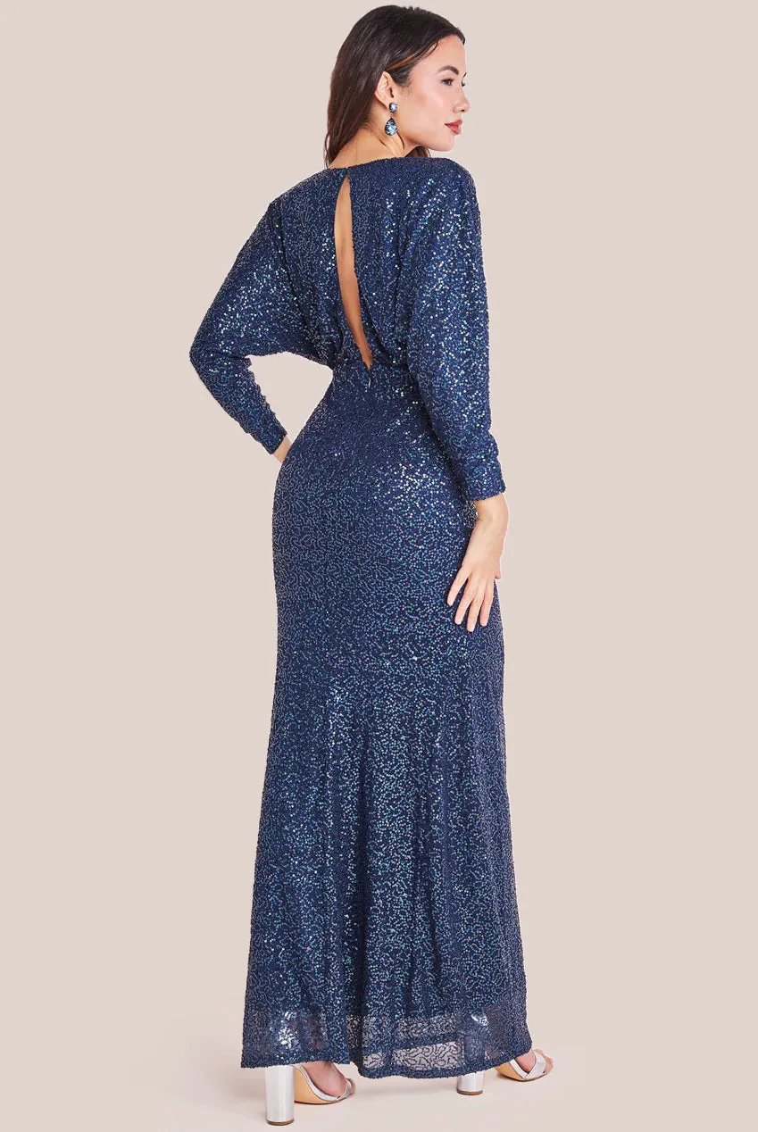 Goddiva Plunge V-Neck Sequin Maxi - Navy