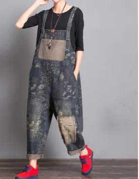 Gray Floral Loose Handmade Denim Casual Spring Denim Overall Women Jumpsuits