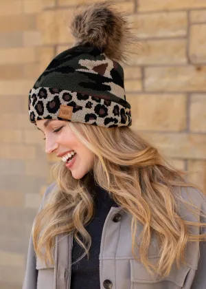 Green Camo Pom Hat w/ Leopard Trim