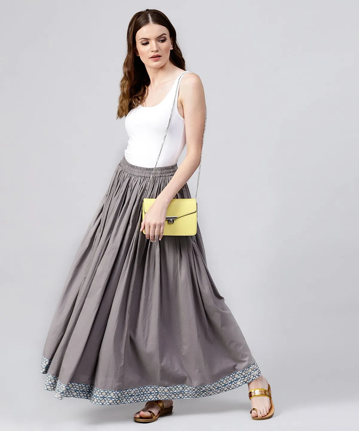 Grey Cotton Ankle Length Flared Skirt