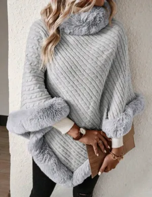 Grey Solid Colour High Neck Fuzzy Trim Batwing Sleeve Sweater