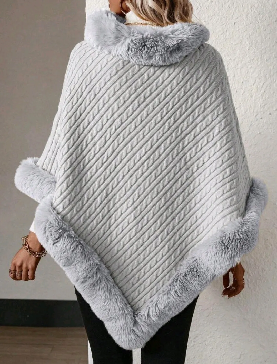 Grey Solid Colour High Neck Fuzzy Trim Batwing Sleeve Sweater