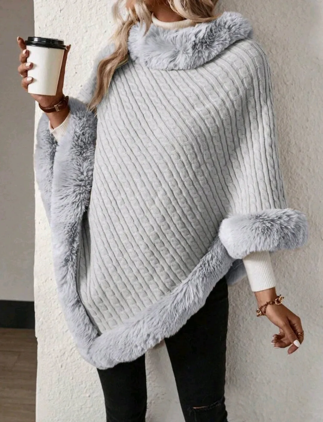 Grey Solid Colour High Neck Fuzzy Trim Batwing Sleeve Sweater