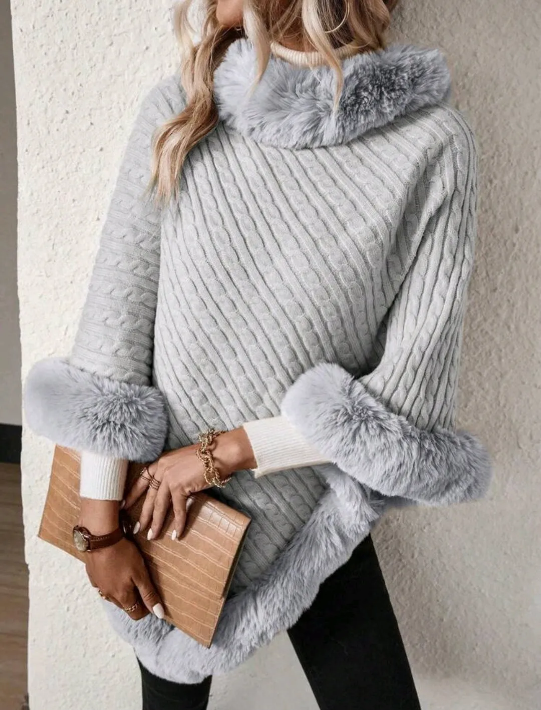 Grey Solid Colour High Neck Fuzzy Trim Batwing Sleeve Sweater