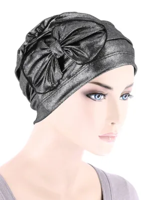 H121-BLACKSHIMMER#Pleated Bow Cap Black Shimmer