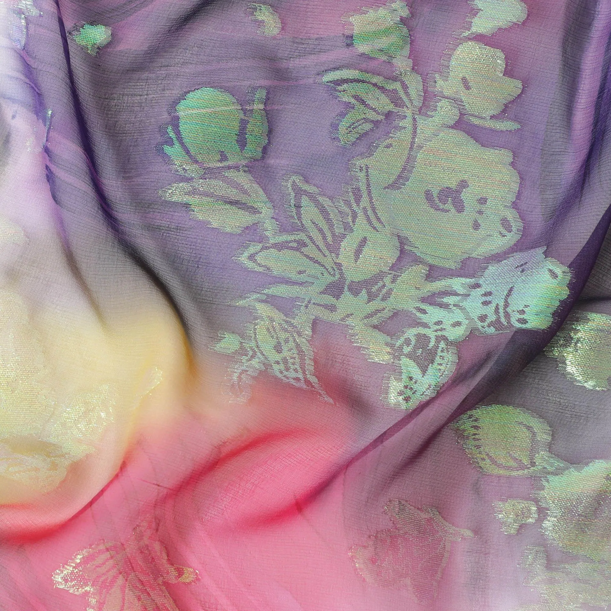 Hand printed multicolour silk chiffon fabric with rainbow metallic jacquard in floral design - D9872