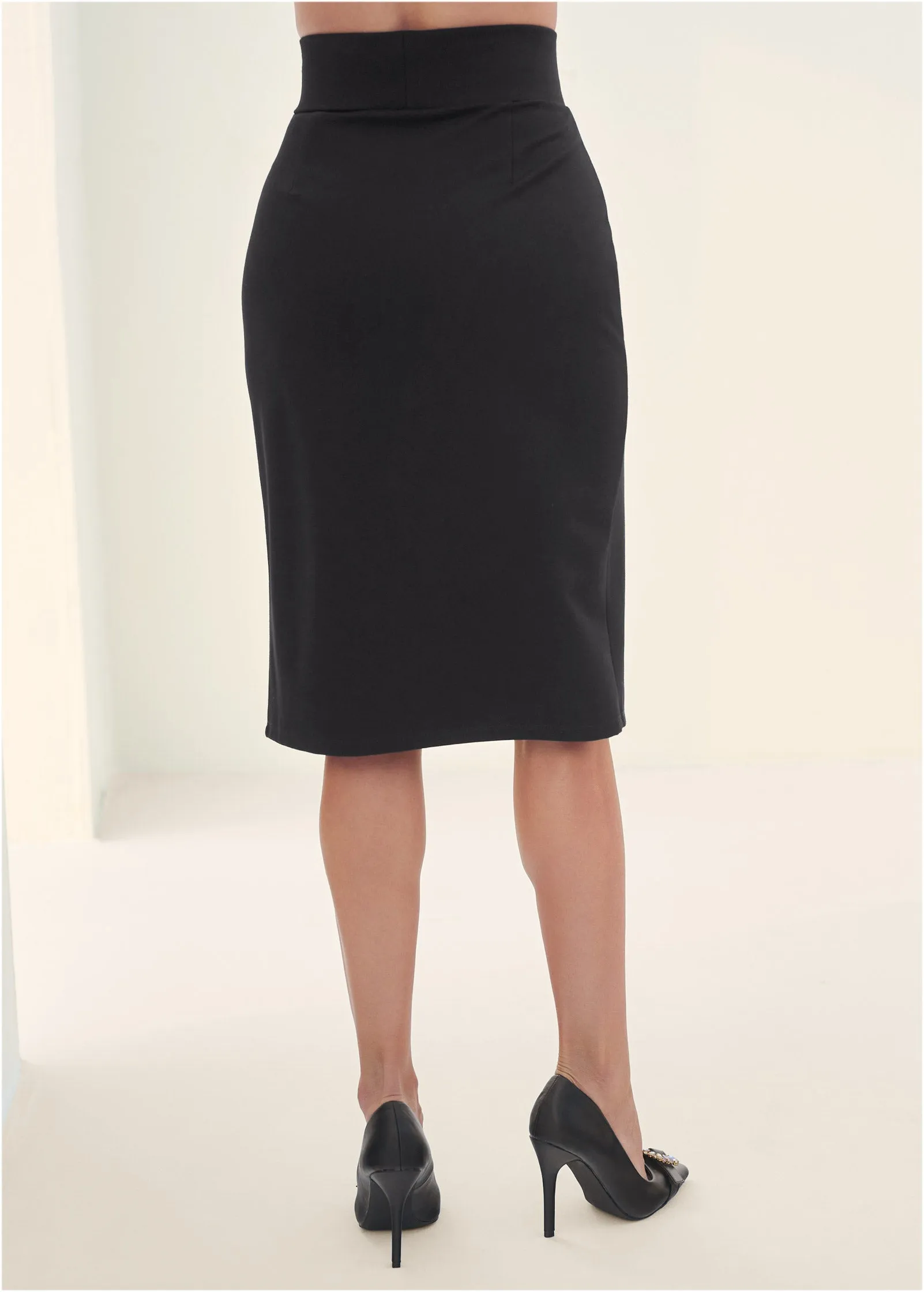 High-Waist Slit Ponte Skirt - Black