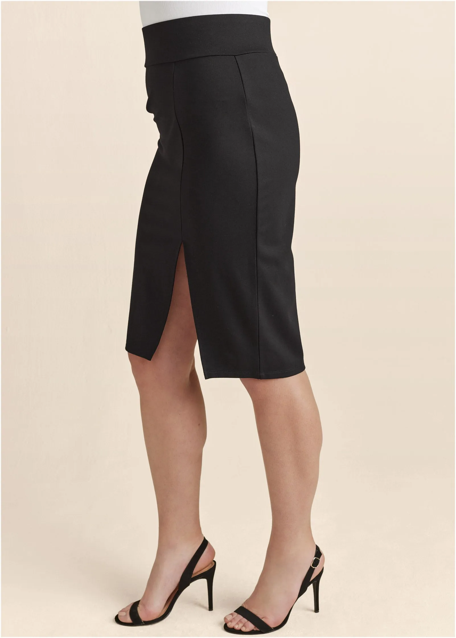 High-Waist Slit Ponte Skirt - Black