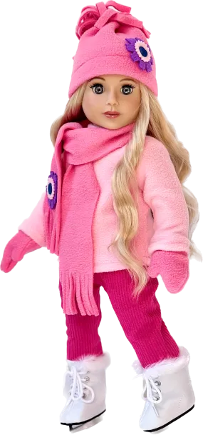 Ice Skating Fun - Clothes for 18 inch Doll - 6 Piece Gift Set - Pink Fleece Blouse with Stretchy Leggings, Hat, Scarf, Mittens and White Ice Skates