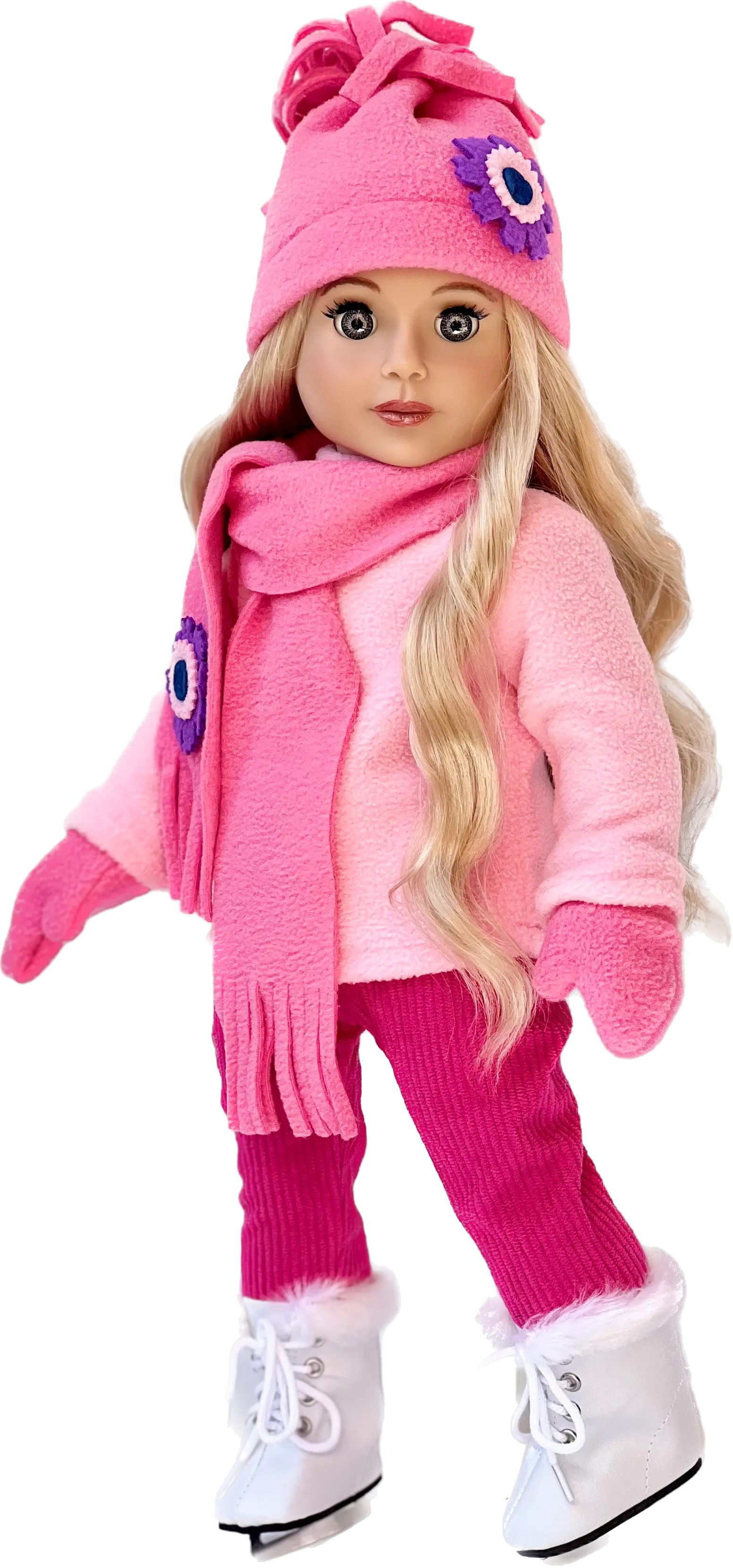 Ice Skating Fun - Clothes for 18 inch Doll - 6 Piece Gift Set - Pink Fleece Blouse with Stretchy Leggings, Hat, Scarf, Mittens and White Ice Skates