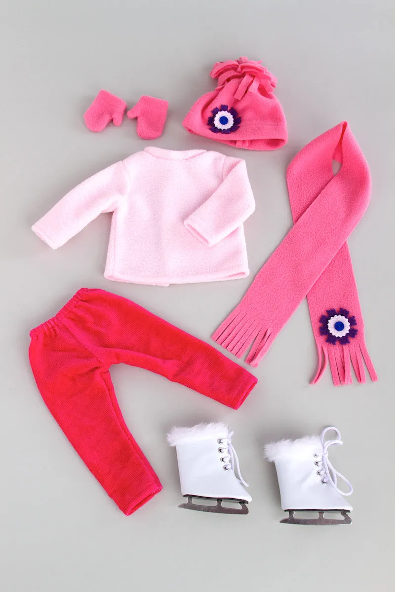 Ice Skating Fun - Clothes for 18 inch Doll - 6 Piece Gift Set - Pink Fleece Blouse with Stretchy Leggings, Hat, Scarf, Mittens and White Ice Skates