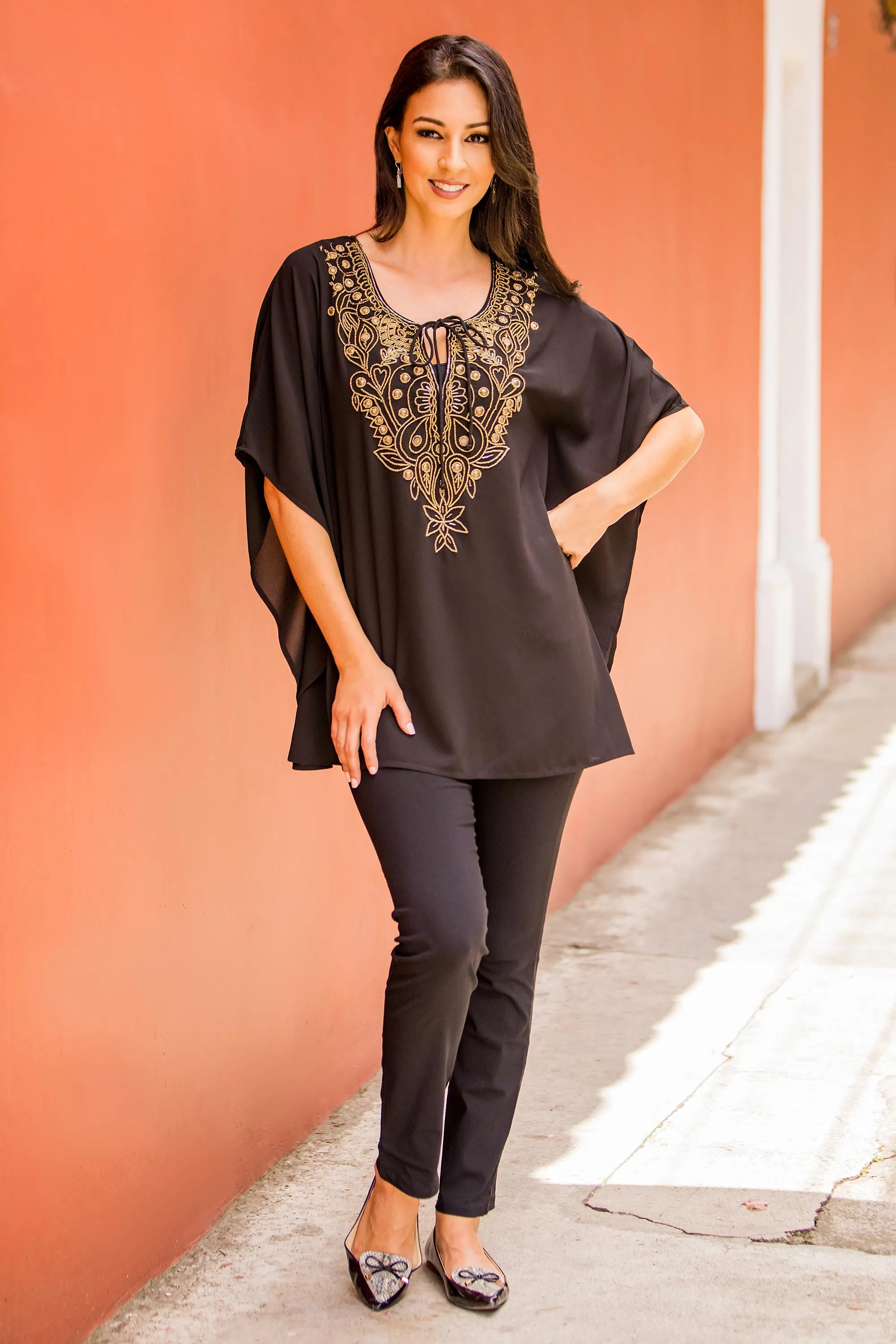 India Hand Beaded Semi-Sheer Black Polyester Tunic Top - Mughal Treasure | NOVICA