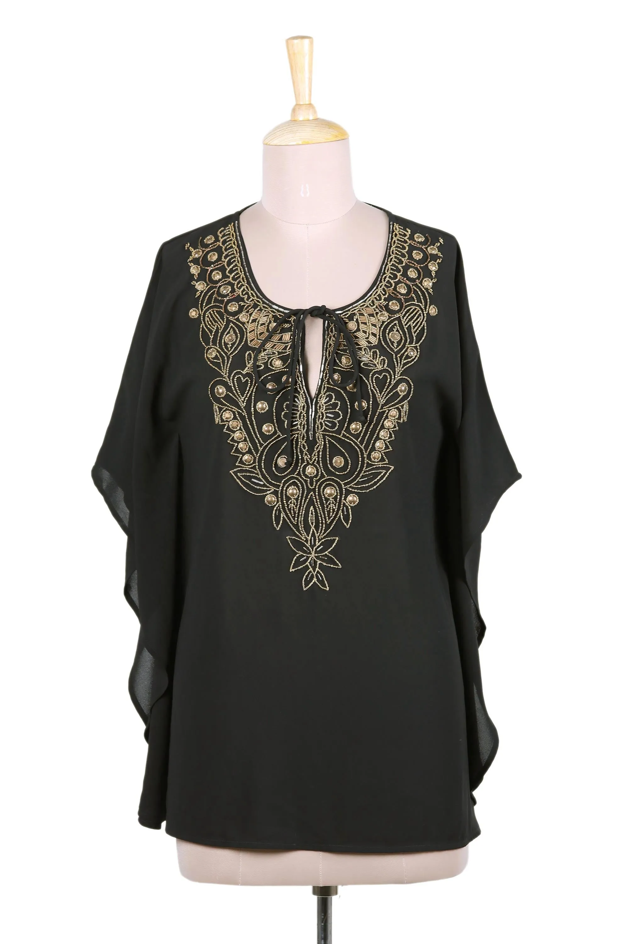 India Hand Beaded Semi-Sheer Black Polyester Tunic Top - Mughal Treasure | NOVICA