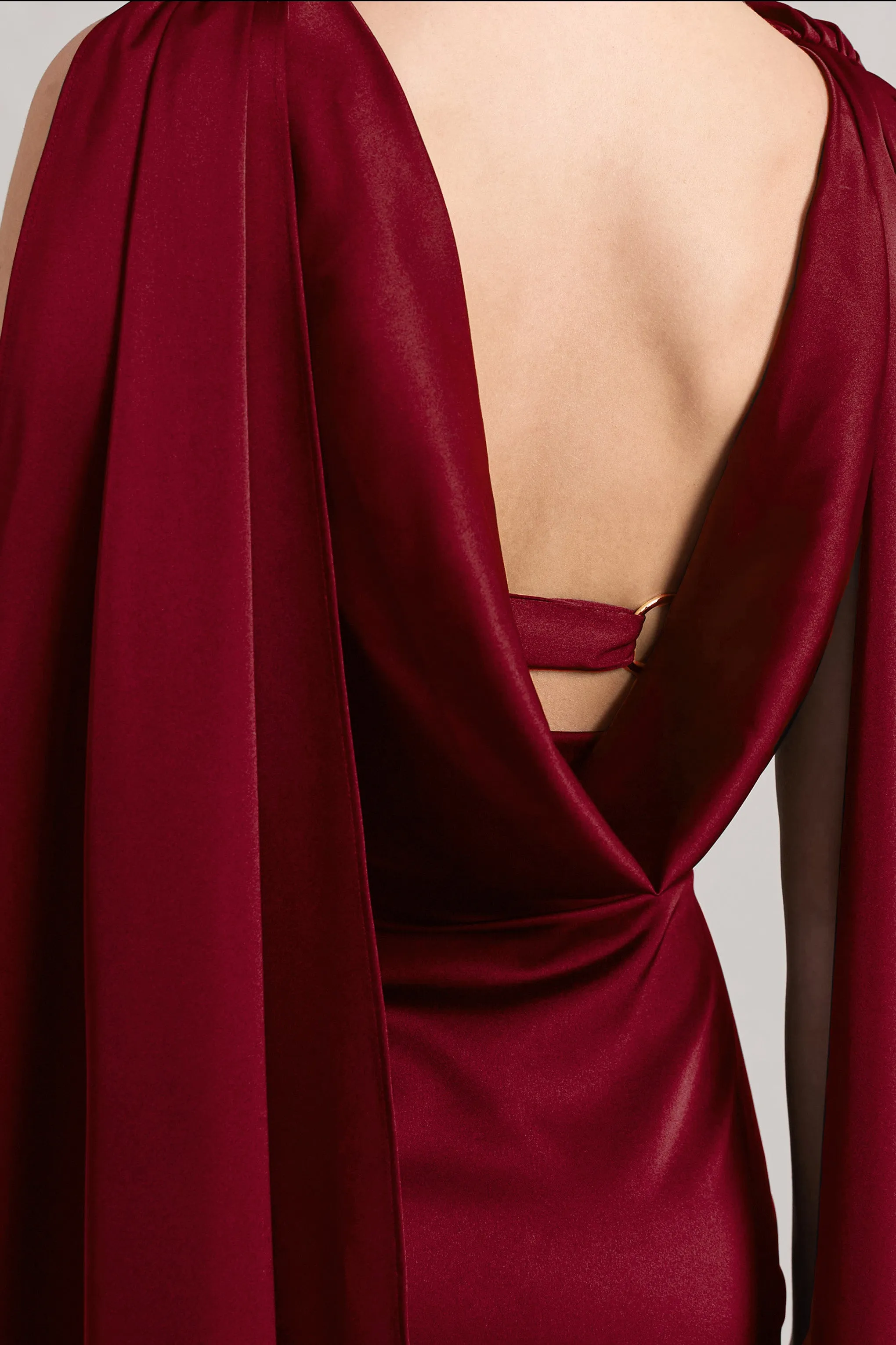 Intuition | Burgundy Satin Square-Neck Split Maxi Dress With Scarf