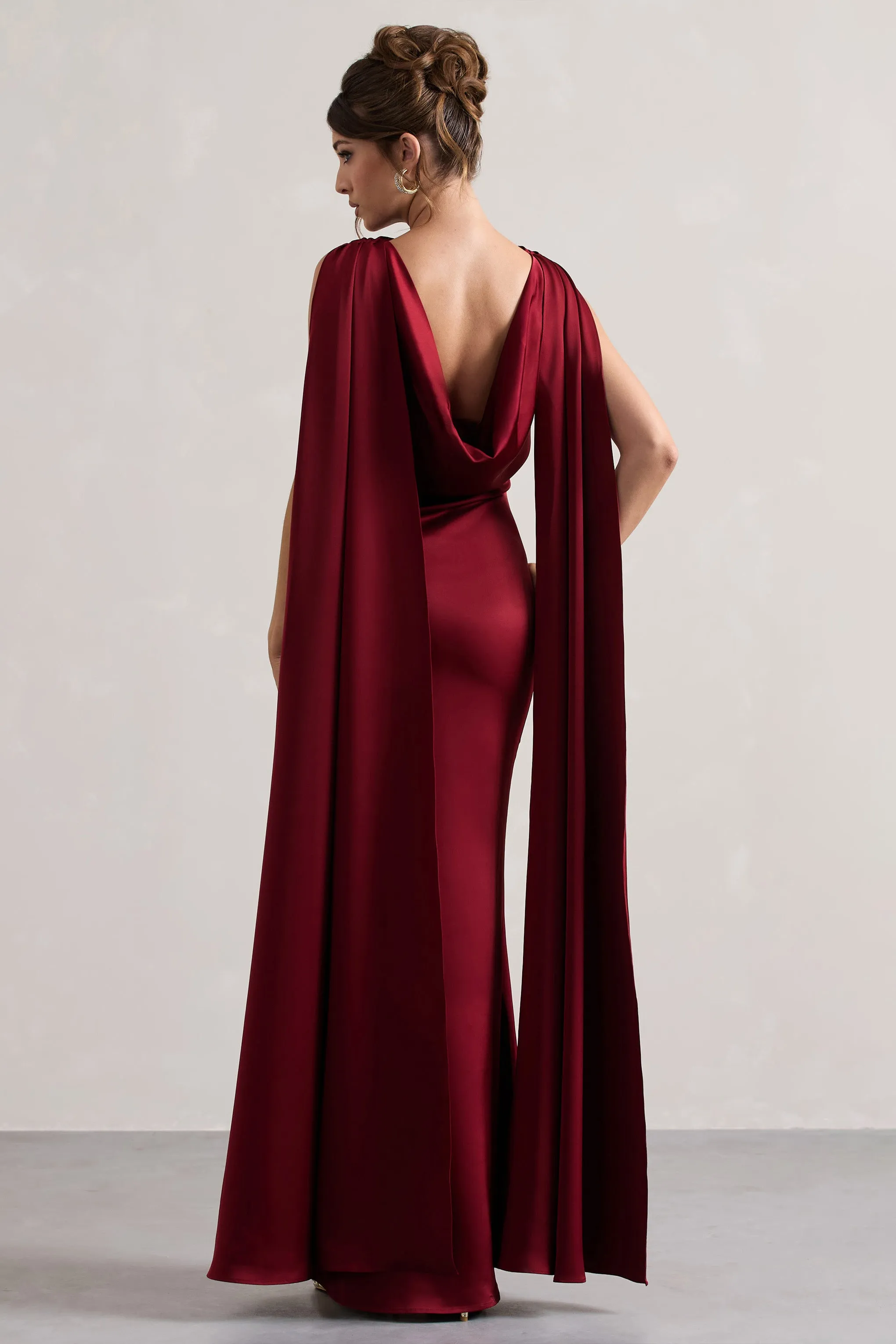 Intuition | Burgundy Satin Square-Neck Split Maxi Dress With Scarf