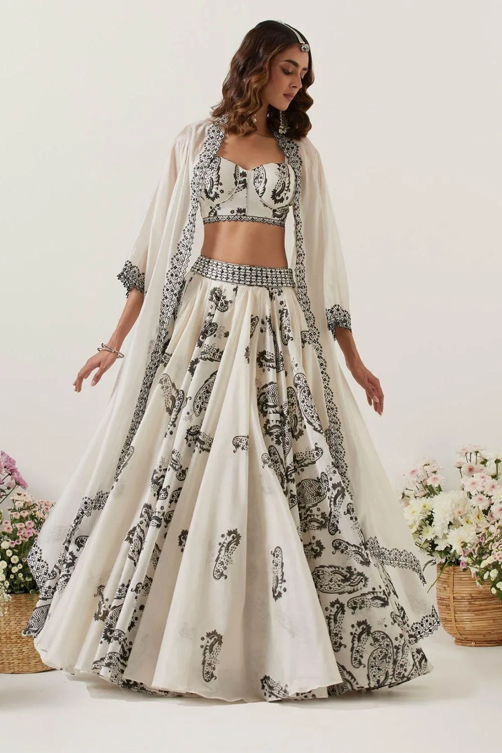 Ivory Printed Skirt Paired With Bralette & Cape