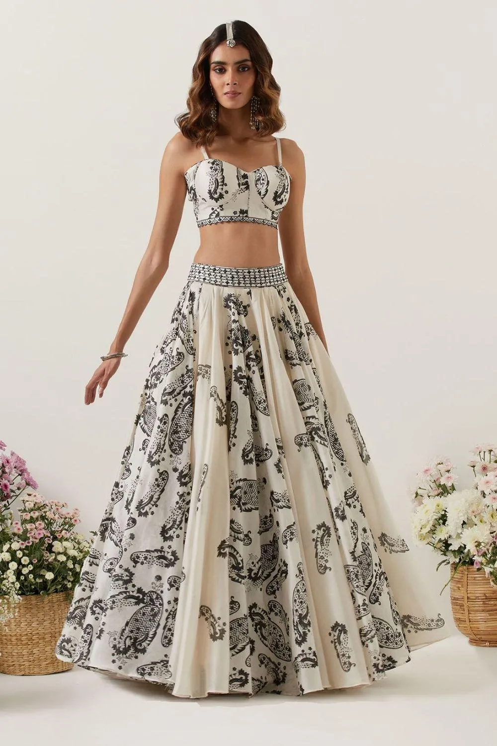 Ivory Printed Skirt Paired With Bralette & Cape