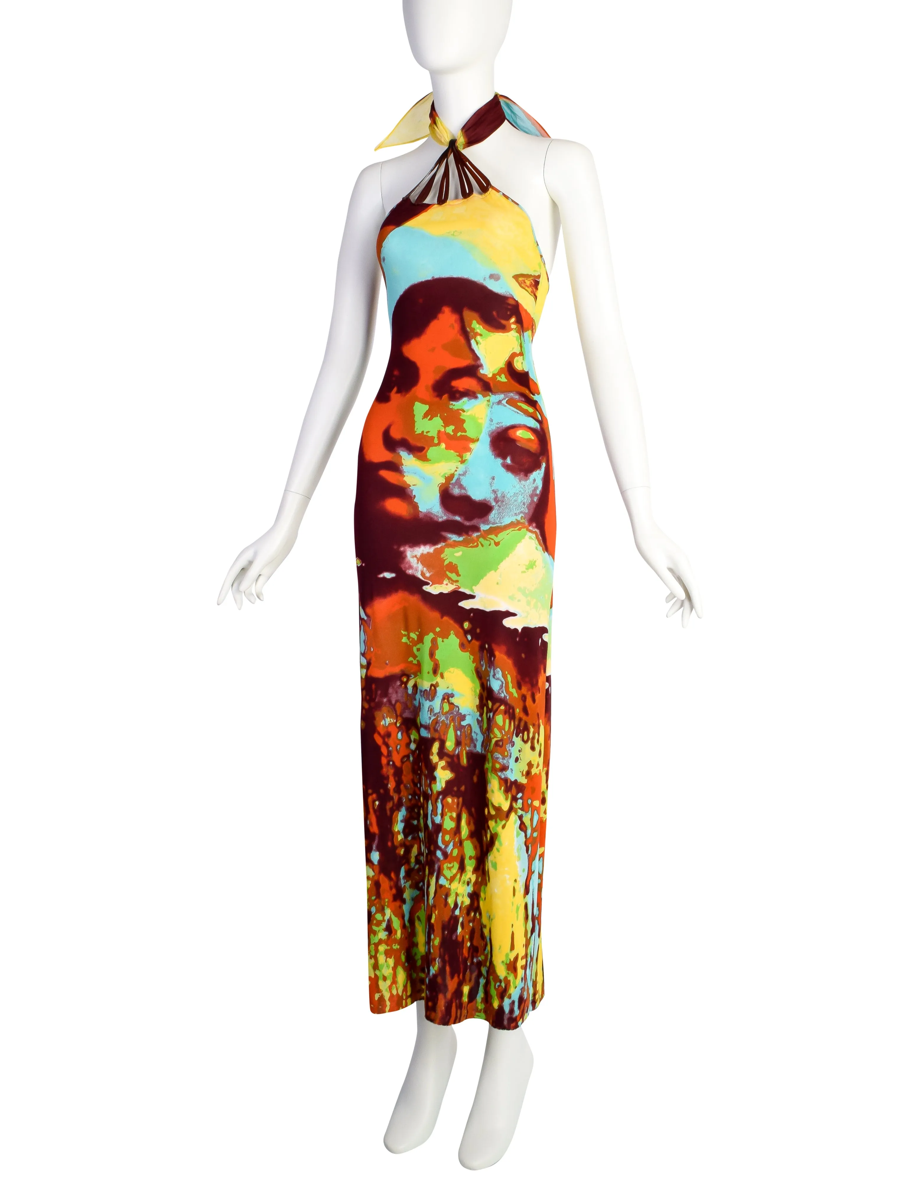 Jean Paul Gaultier Vintage SS 2000 Iconic Vibrant Acid Trip Face Print Halter Dress