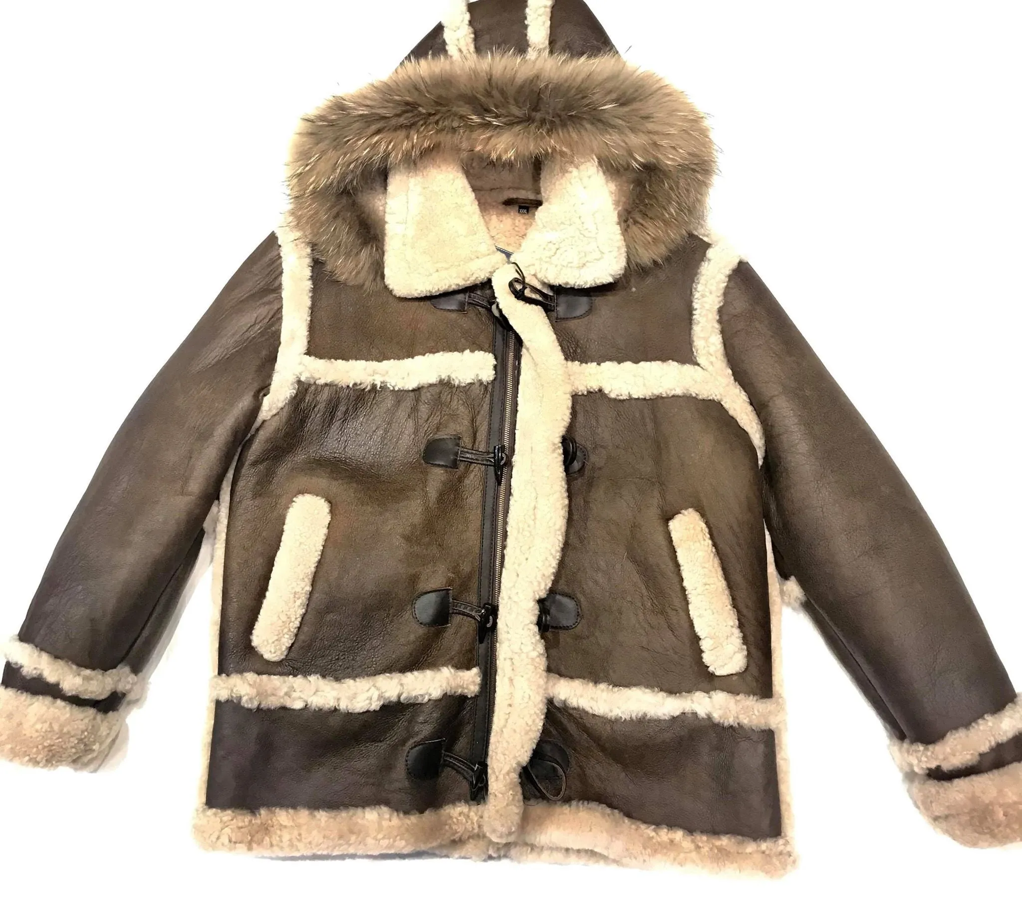 Kashani Deep Chocolate Duffel Fox Hooded Long Shearling Jacket