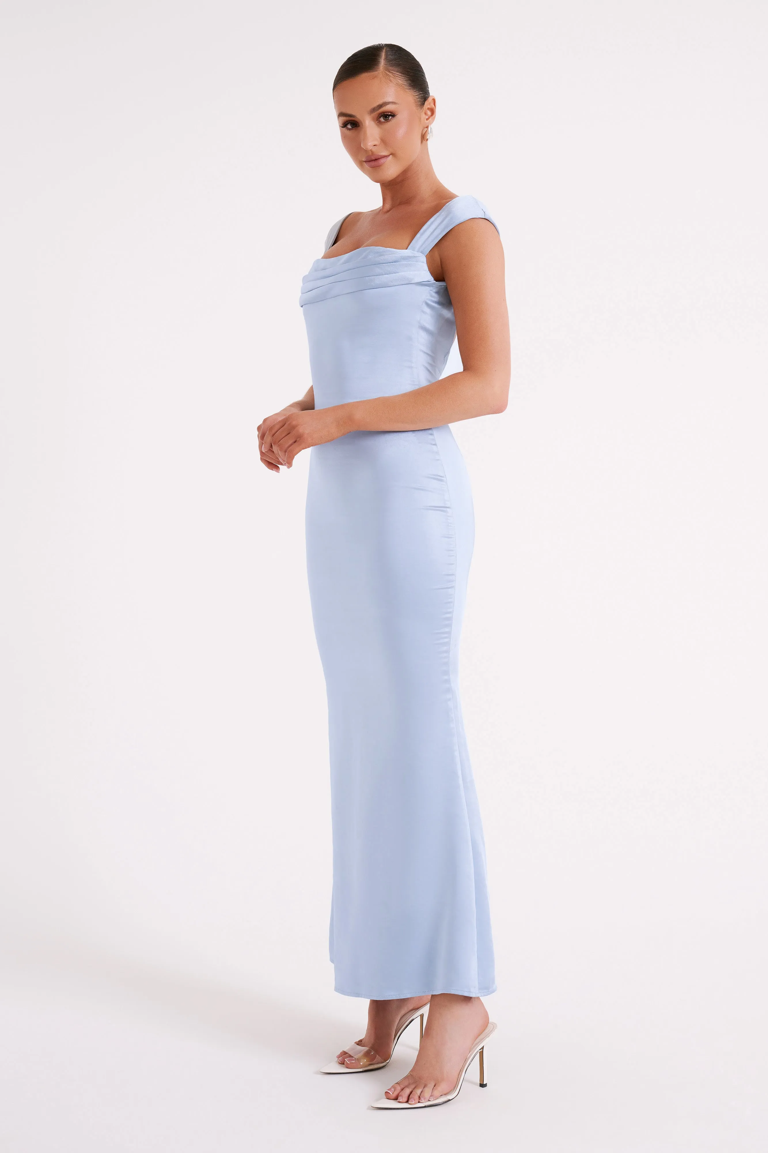 Lacey Backless Satin Maxi Dress - Ice Blue