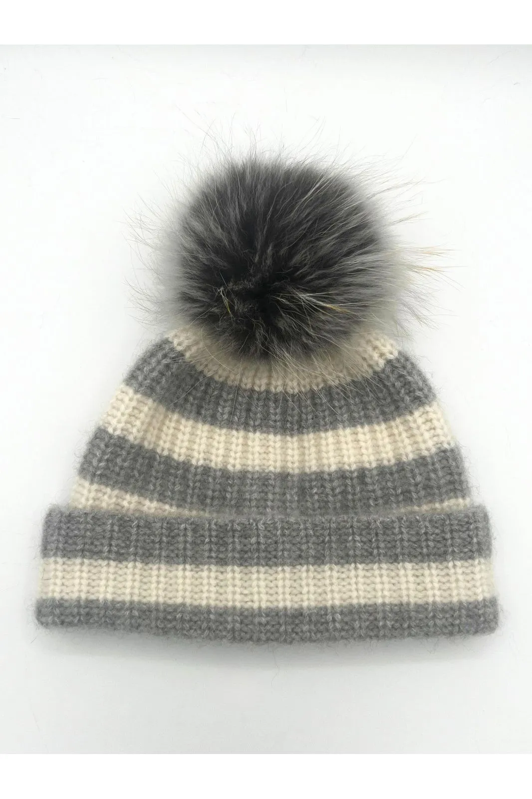 Linda Richards Knit Stripe Pom-pom Hat HA-81 | Dove Grey