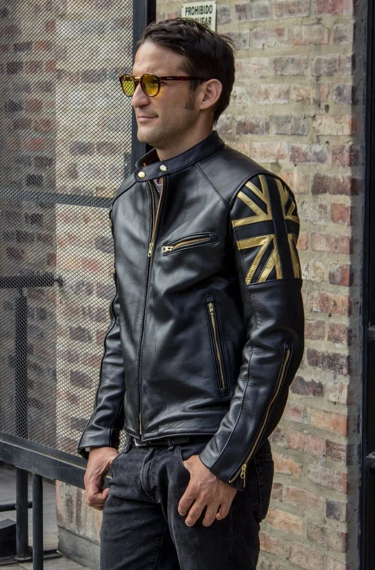 LONDON GOLD Leather Jacket Black & gold UK flag