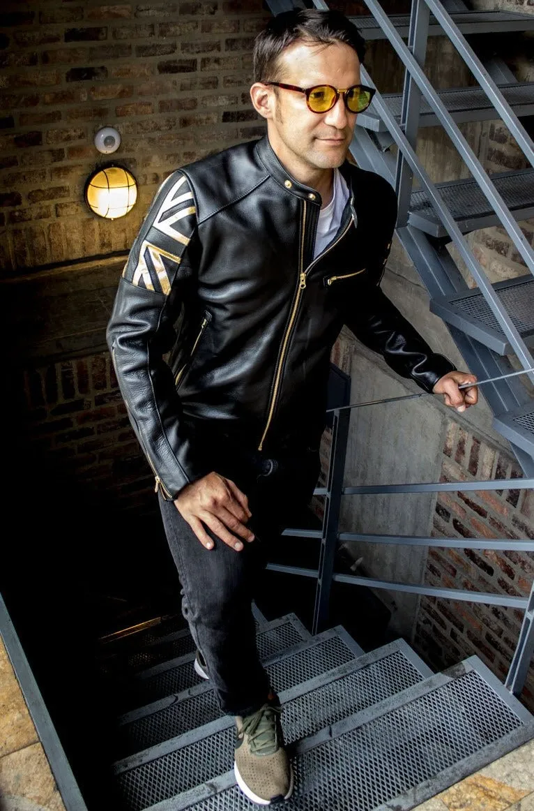 LONDON GOLD Leather Jacket Black & gold UK flag