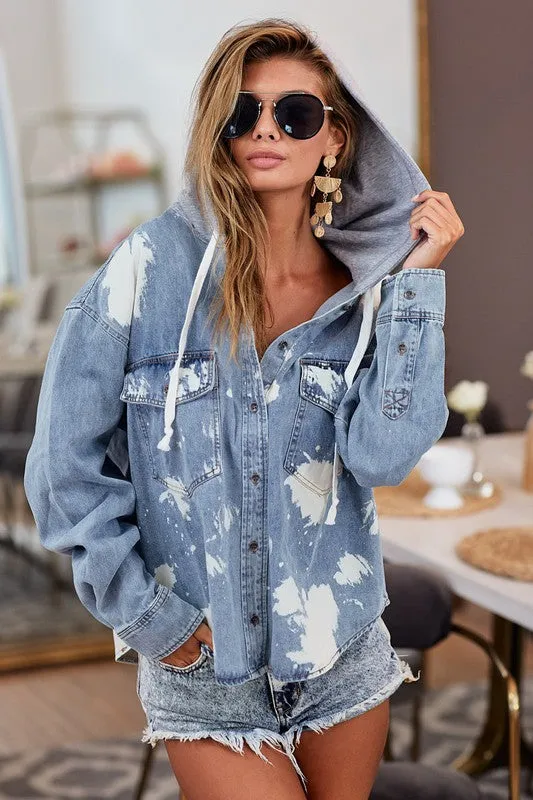 Loose Fit Bleach Washed Denim Hoodie