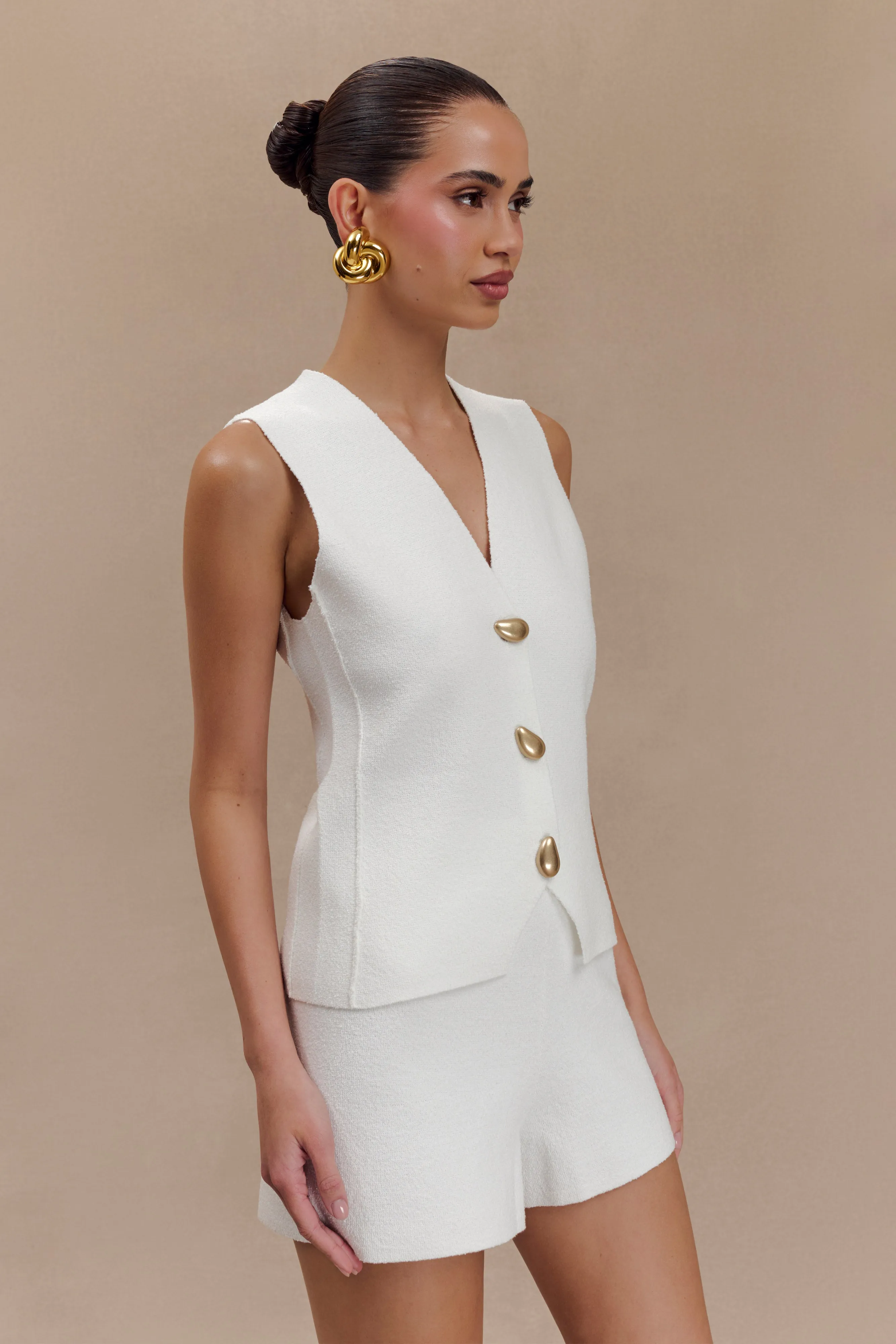 Malika Sleeveless Gold Button Vest - White