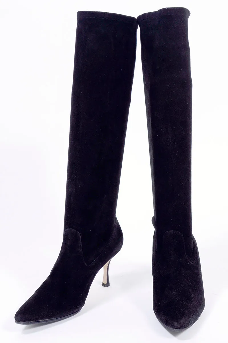 Manolo Blahnik Black Suede Boots Knee Length w/ 3" Heels 38.5