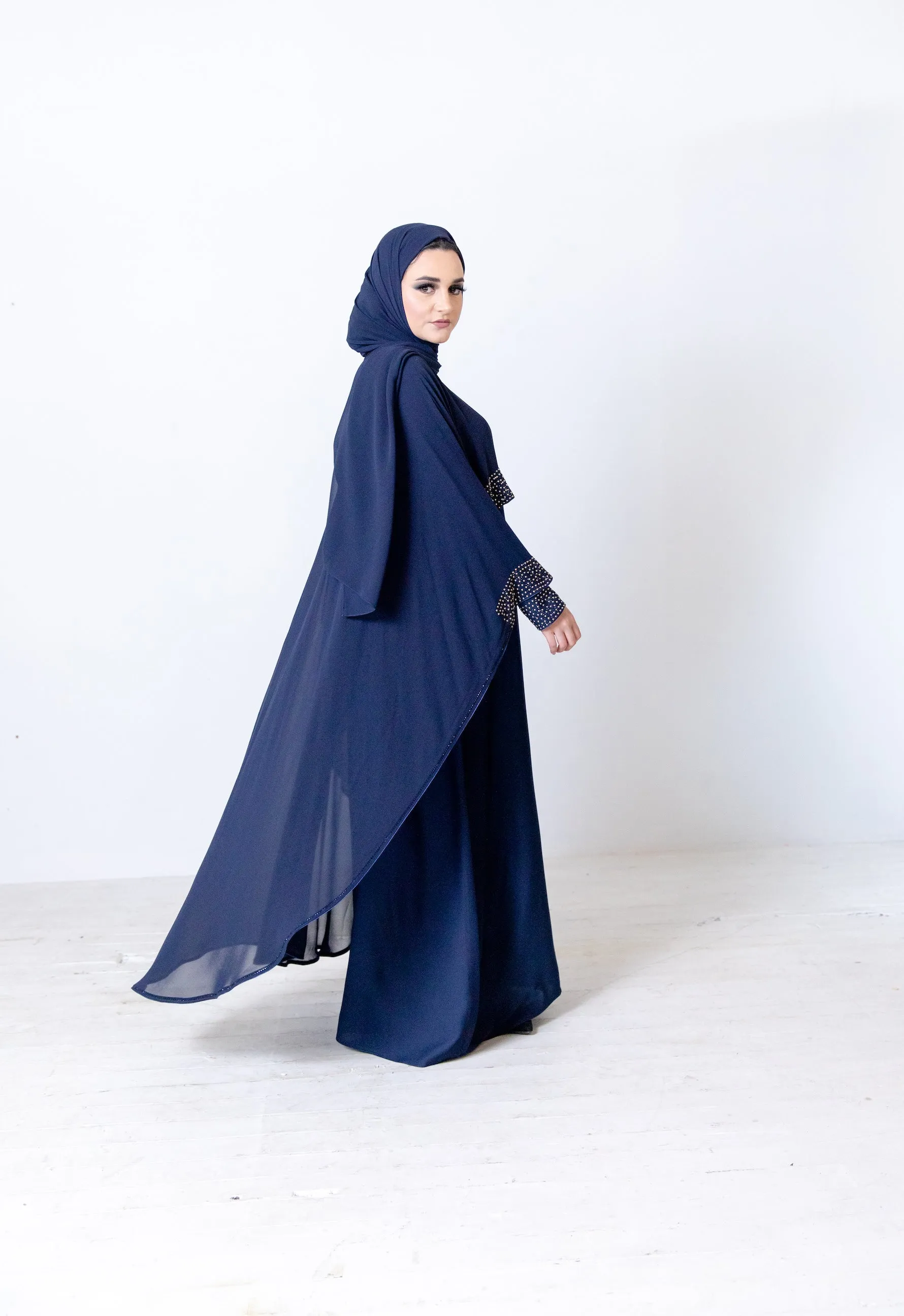 Mena Navy Abaya - 2 Colours White/Golden Pearl