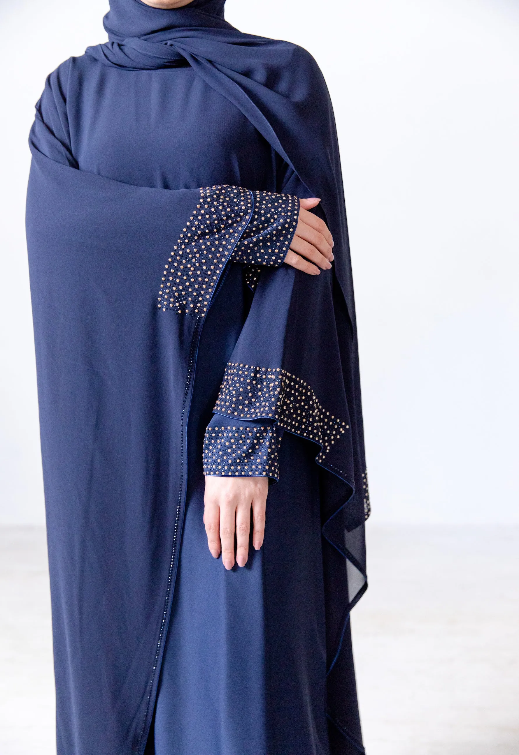 Mena Navy Abaya - 2 Colours White/Golden Pearl