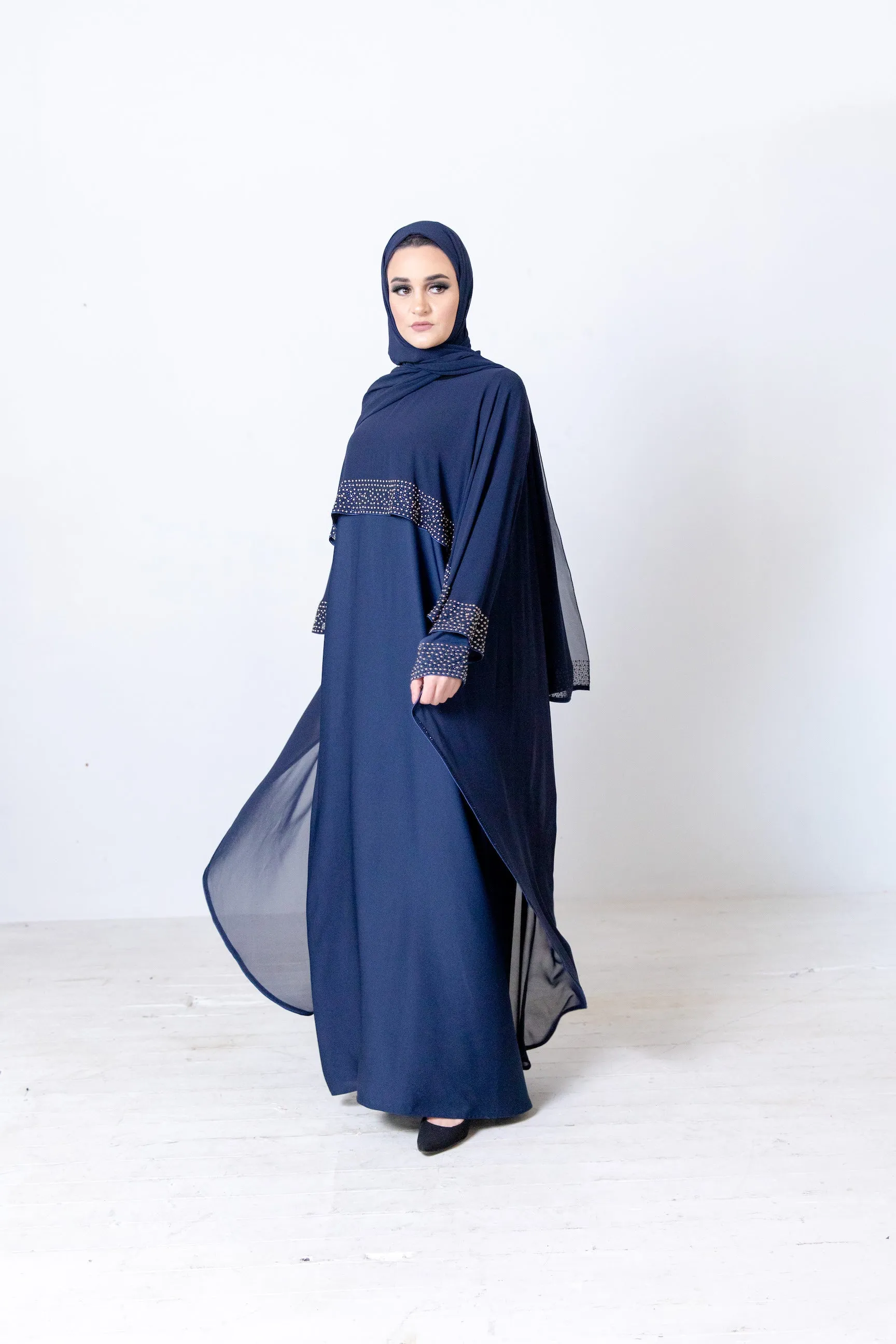 Mena Navy Abaya - 2 Colours White/Golden Pearl