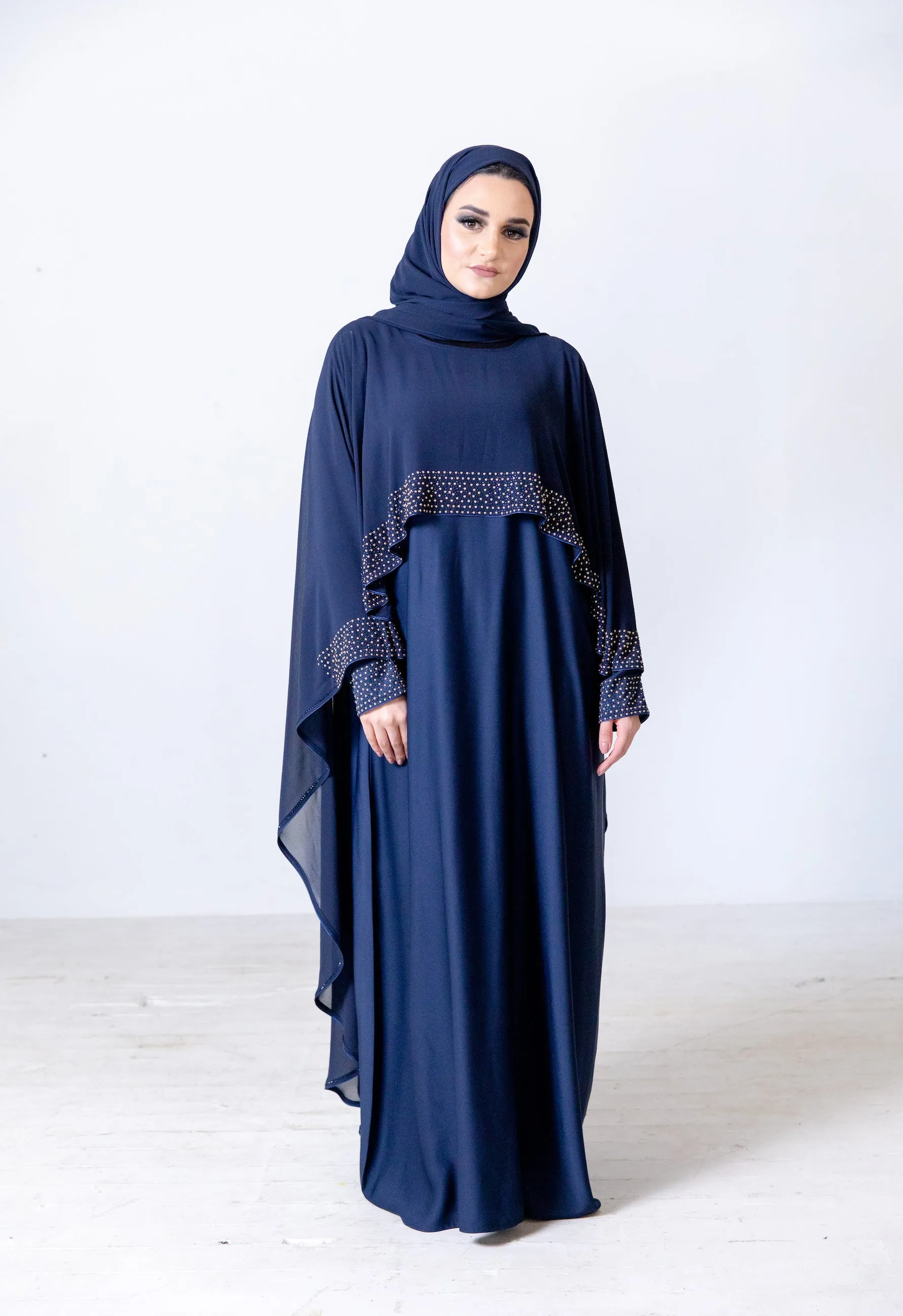 Mena Navy Abaya - 2 Colours White/Golden Pearl