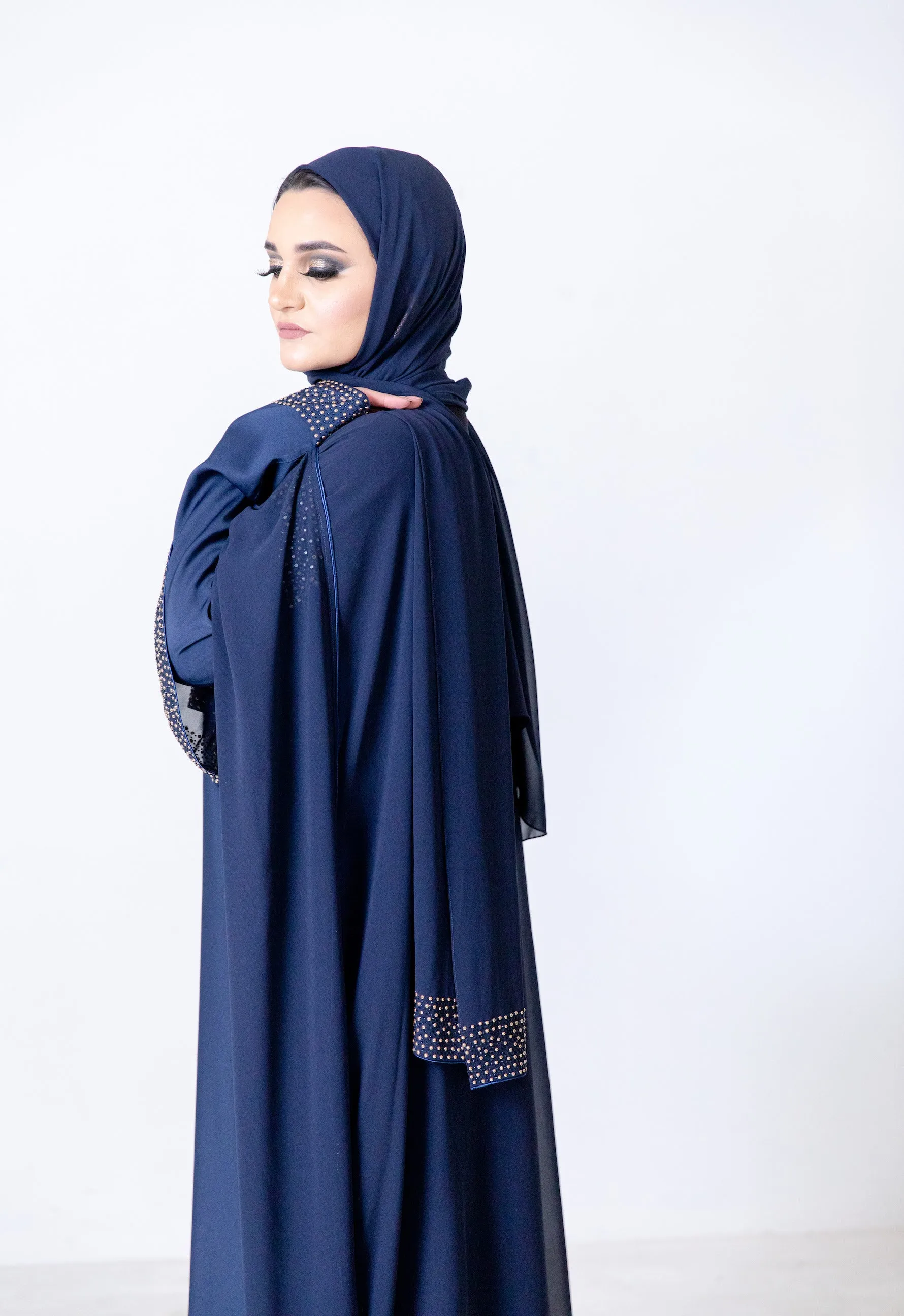 Mena Navy Abaya - 2 Colours White/Golden Pearl