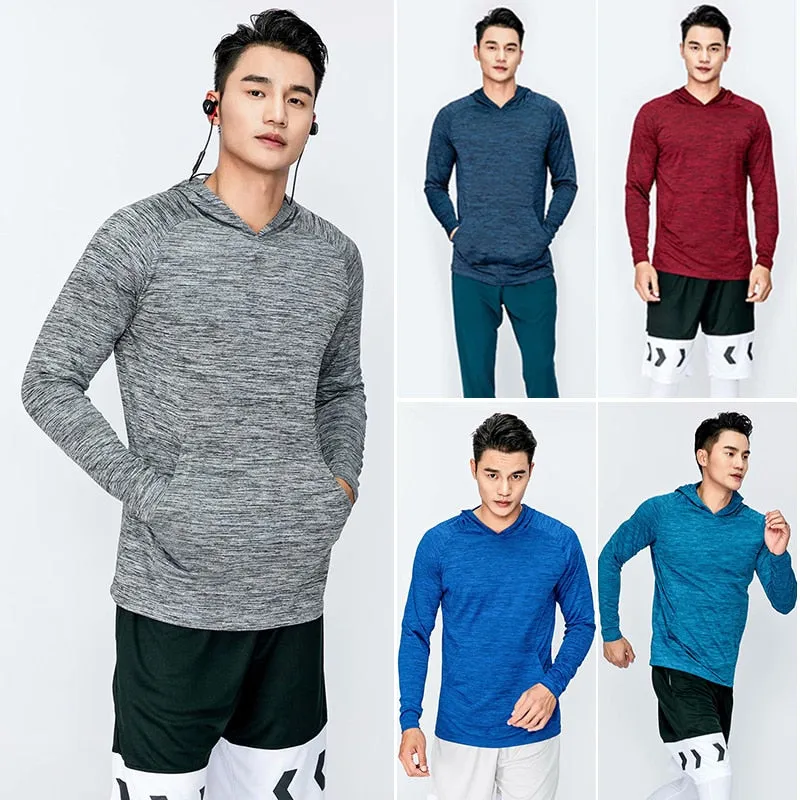 Men's Running Undershirt Gym Fitness Tight Hoodie Soccer Training T-Shirt Jogging Hooded Quick Dry Breathable Sports Clothing