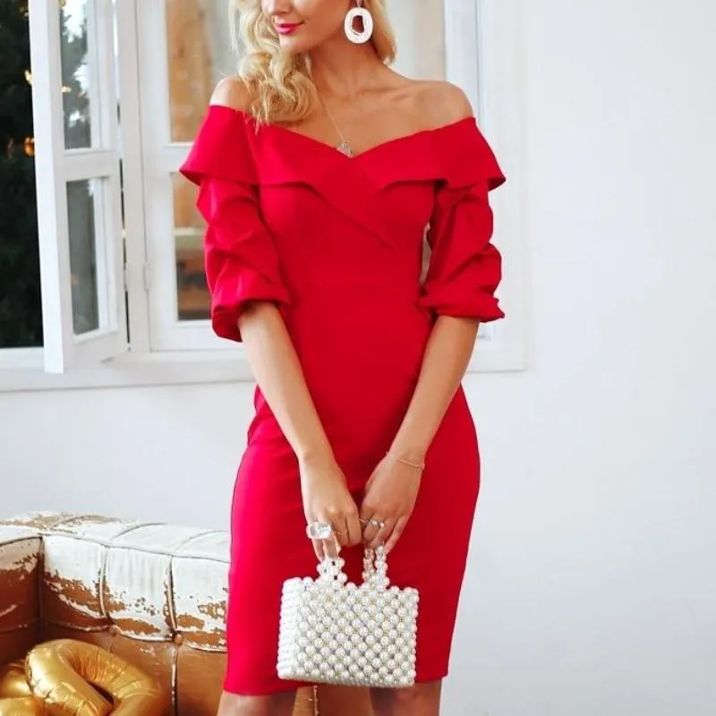 Off Shoulder Bodycon Sexy Backless Ruched Sleeve Dress