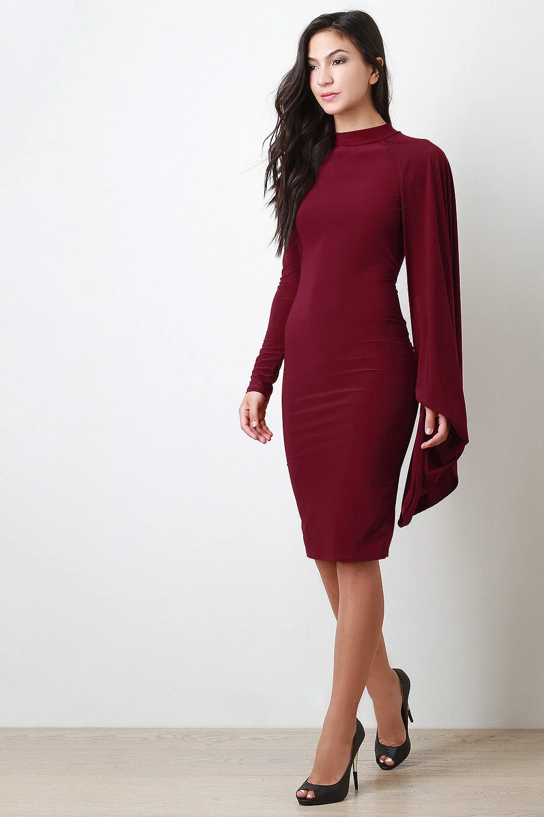 Open Back Mock Neck One Shoulder Cape Long Sleeves Midi Dress