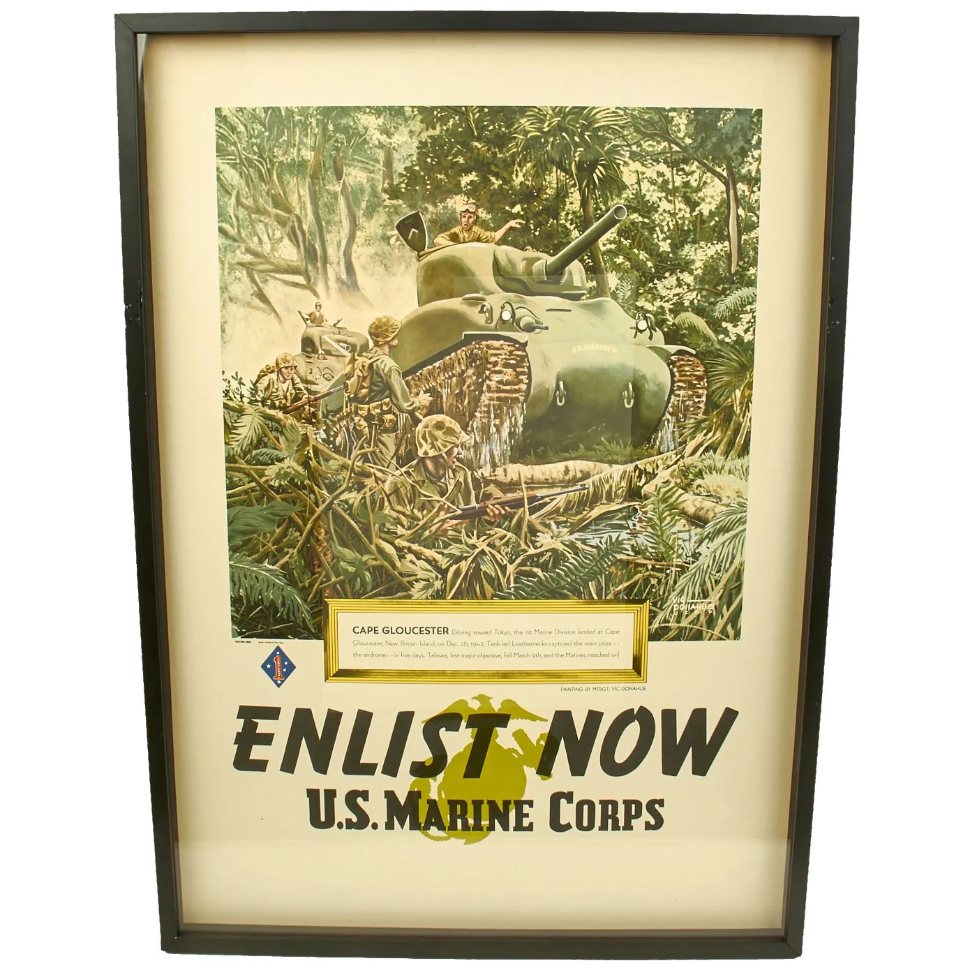 Original U.S. WWII Framed 1945 Marine Corps Enlistment Poster Cape Gloucester by Master Sergeant Vic Donahue