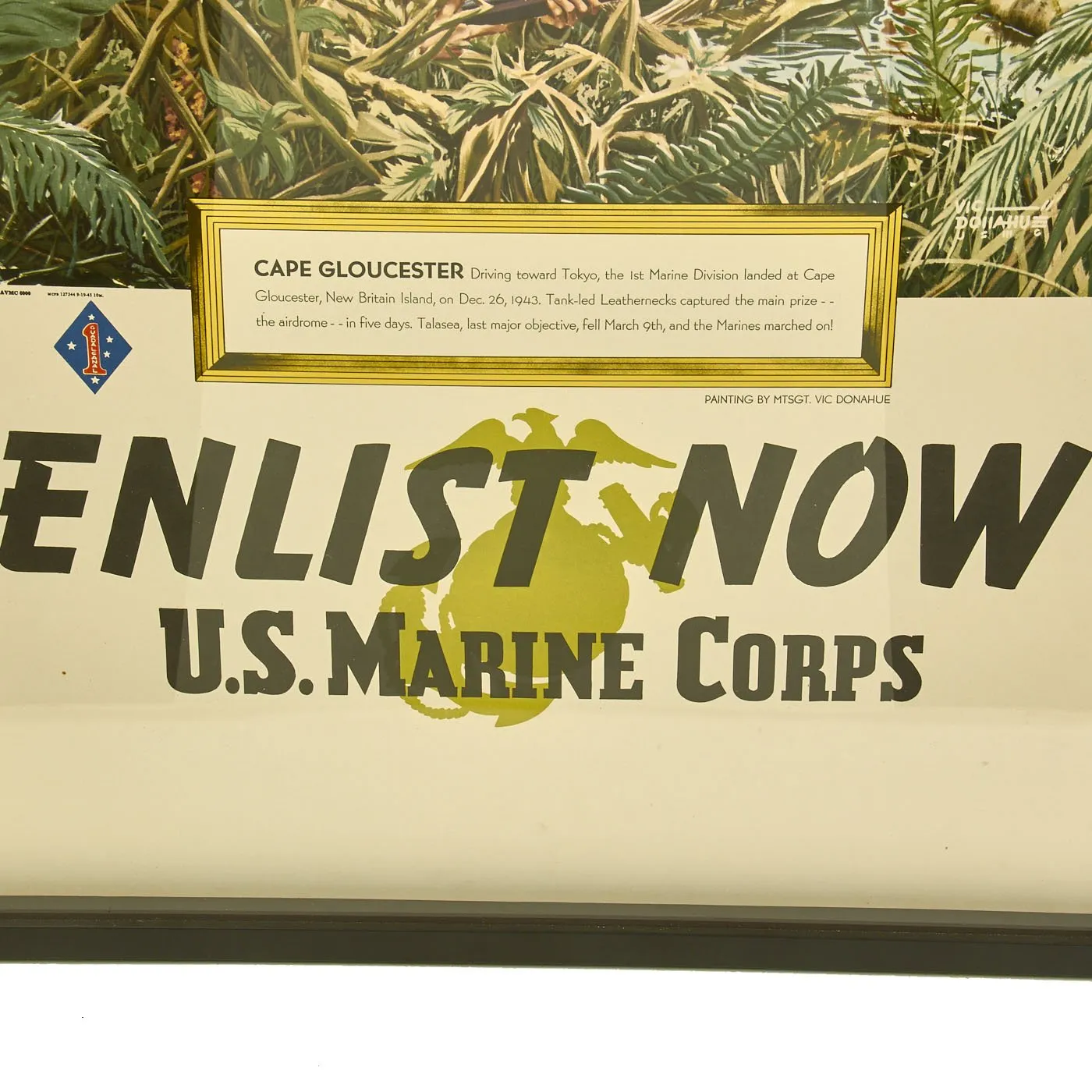 Original U.S. WWII Framed 1945 Marine Corps Enlistment Poster Cape Gloucester by Master Sergeant Vic Donahue