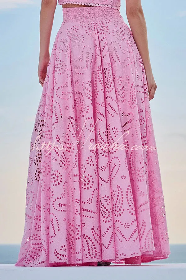 Paris Dreaming Embroidered Lace High Rise Elastic Waist Pocketed Maxi Skirt