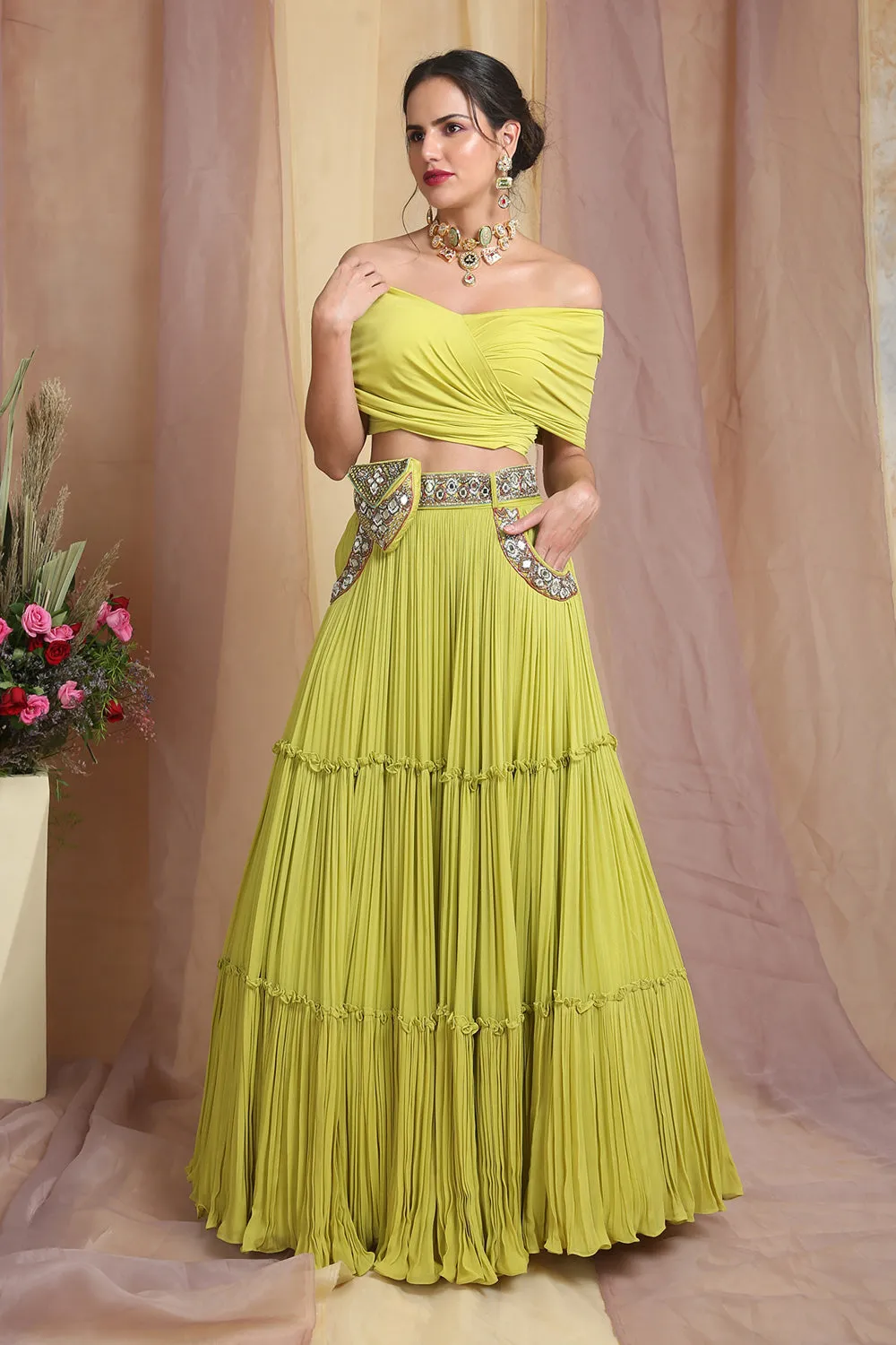 Parrot Green Drape Choli With Belt Bag Lehenga Set