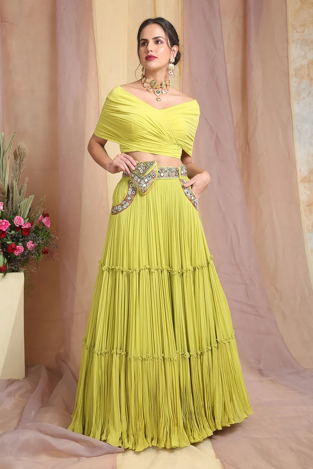 Parrot Green Drape Choli With Belt Bag Lehenga Set