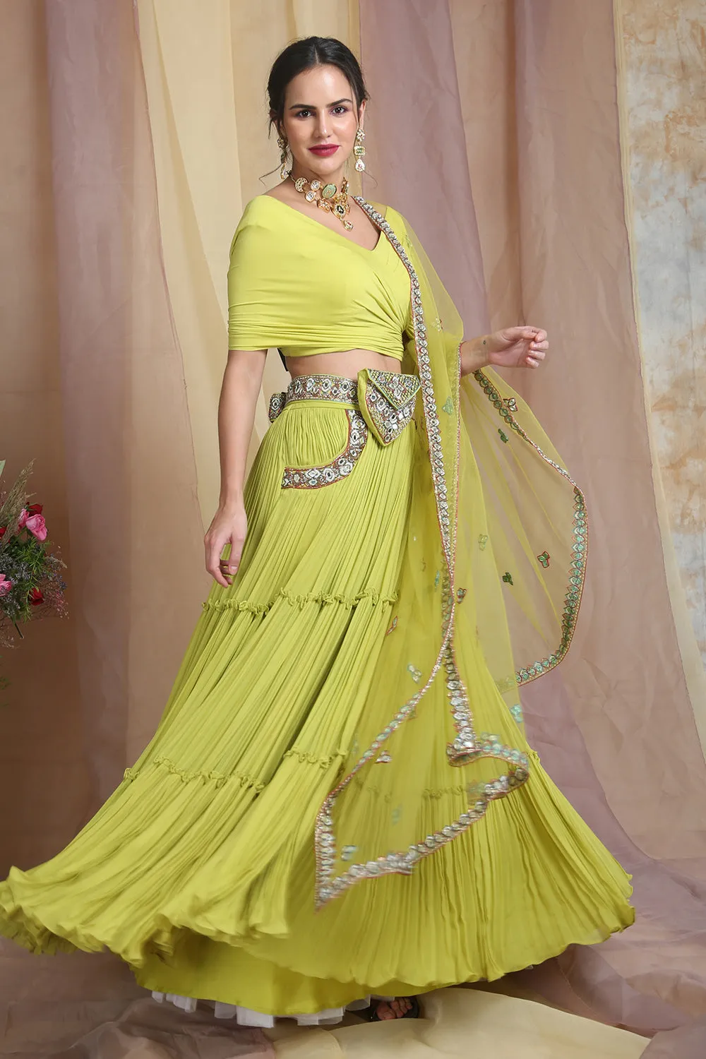 Parrot Green Drape Choli With Belt Bag Lehenga Set