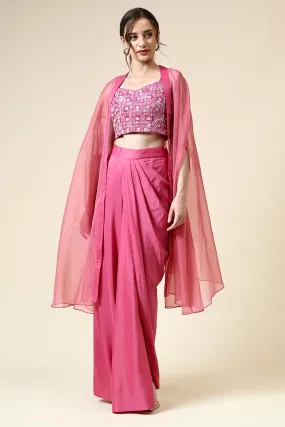 Pink Embellished Top & Skirt Set With Cape