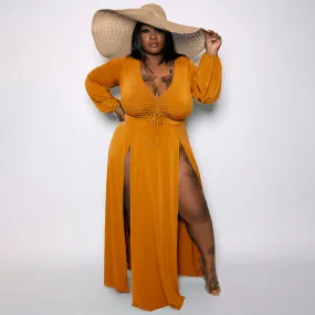 Plus Size Sexy Deep V Plunge Neck, Long Sleeve Slit Dress